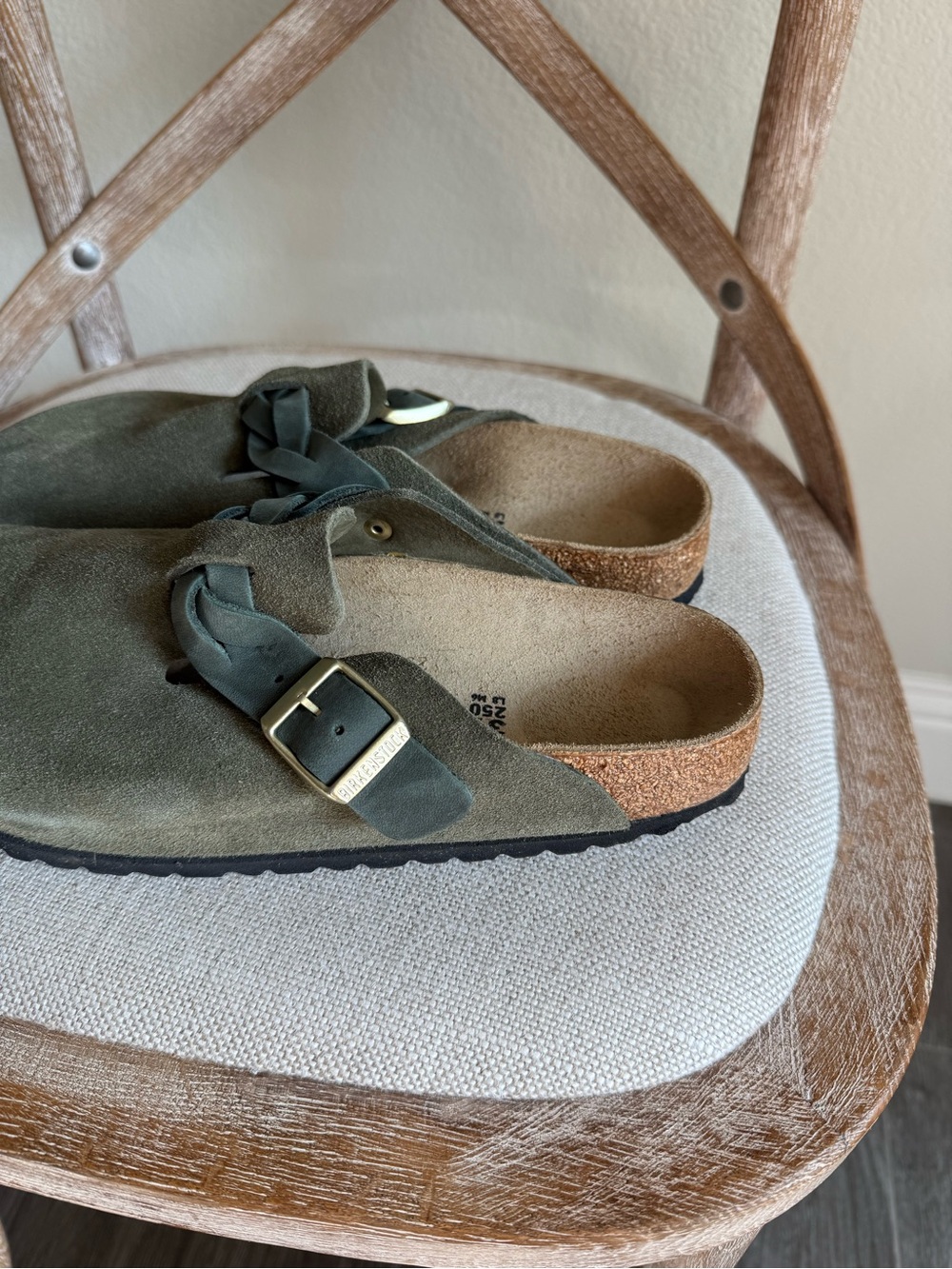 Birkenstock Olive Suede Braided Strap Clogs - Picture 3 of 8